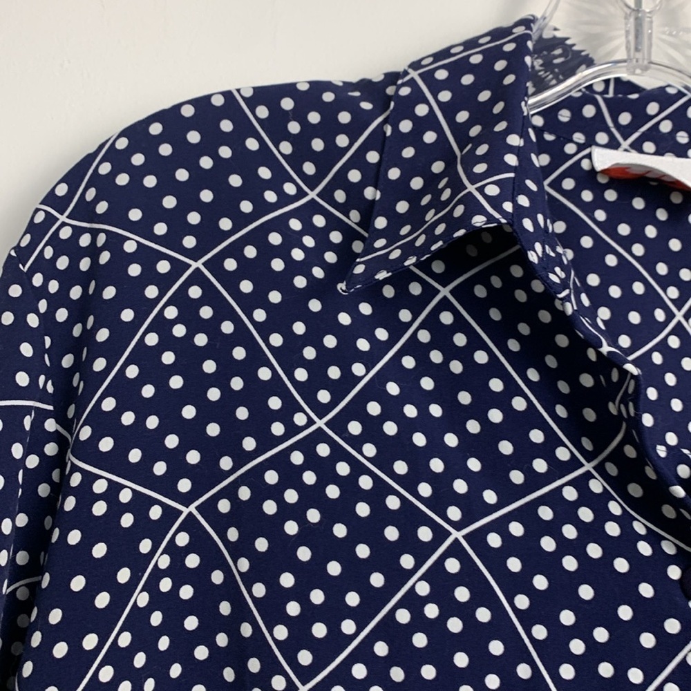 Alia Blue w White Polka Dots 100% Polyester, Wrinkle Free, Lightweight Blouse
